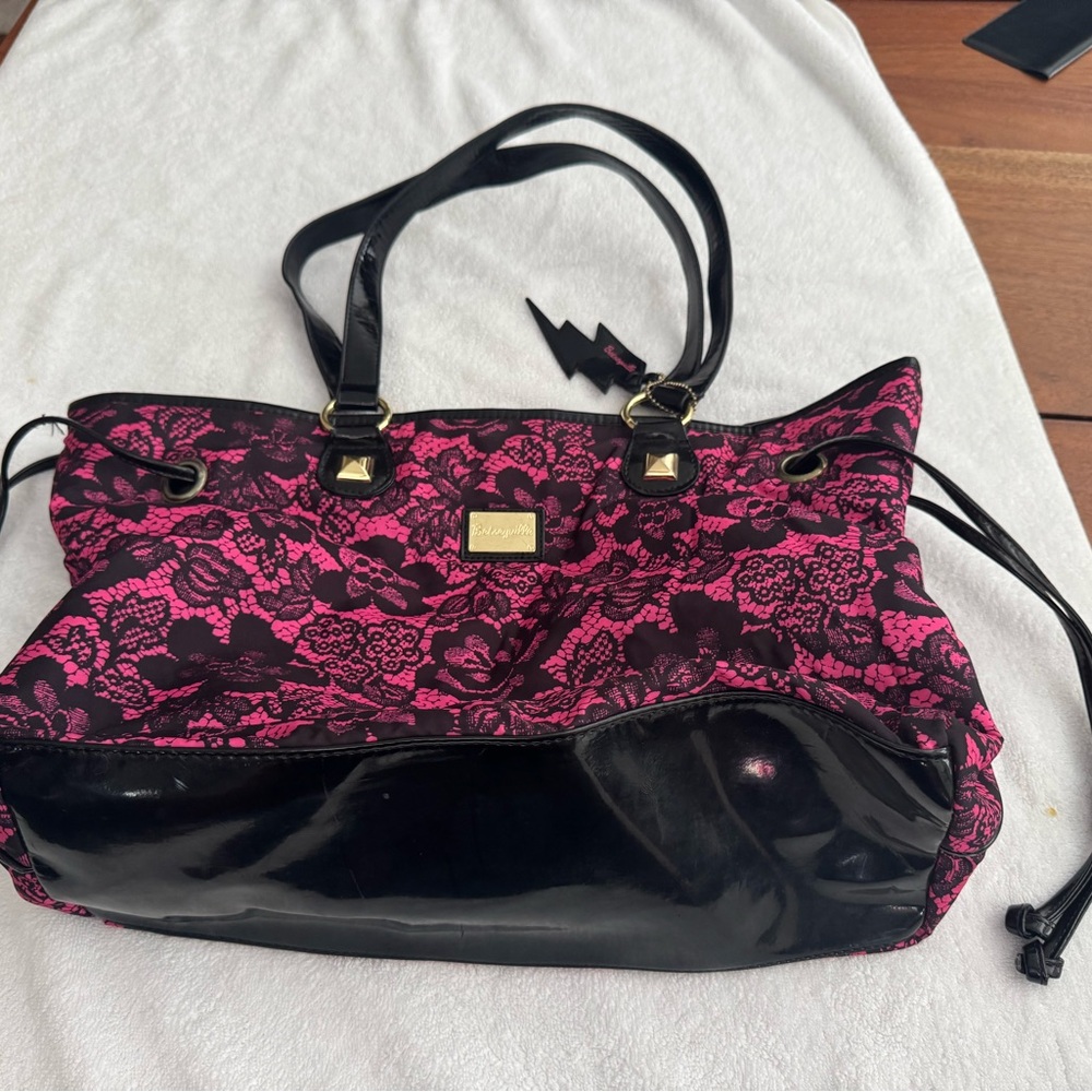 Betsey Johnson Black and Pink Lace Tote